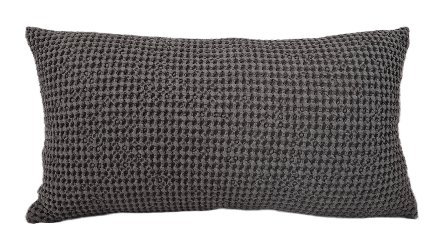 A rectangular New Bliss Feather Cushion featuring a gunmetal finish and a waffle-weave texture